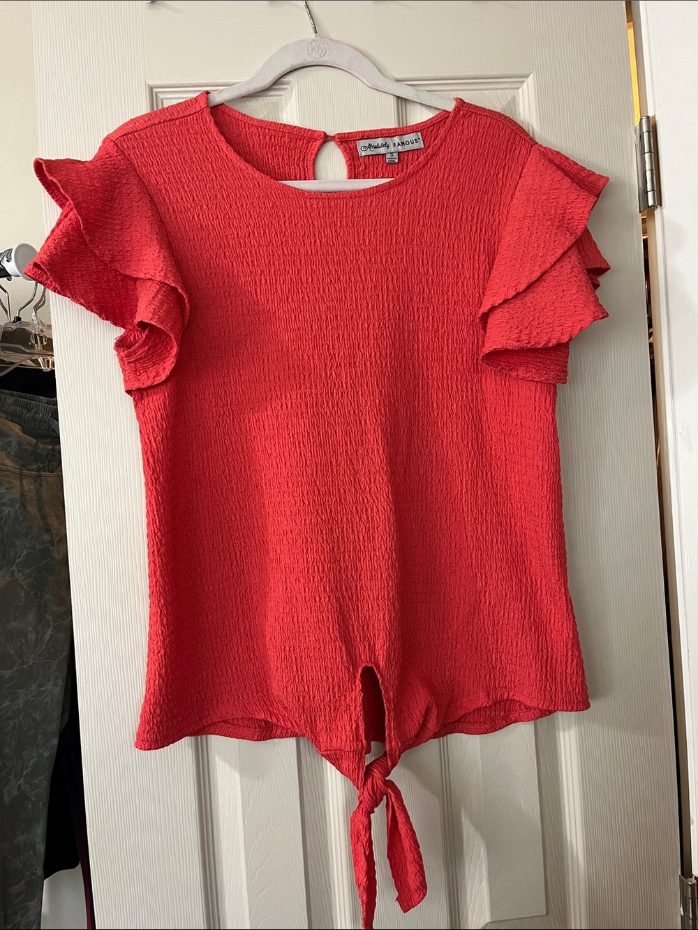 Absolutely Famous Coral Red Ruffle Tie-Front Crop Top